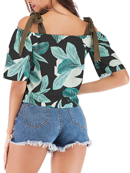 Shirt Printed Bateau Neck Casual Short Sleeves Chiffon Tops Mssza