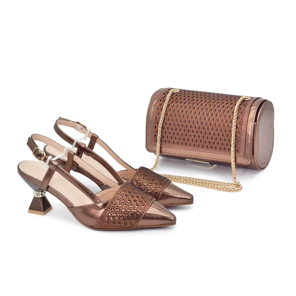 Shoes and Bags Set with Rhinestone Elegant Heeled Pumps Mssza