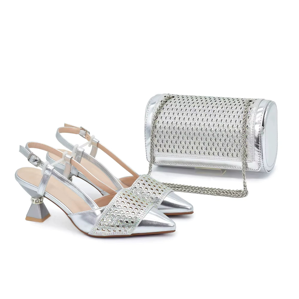 Shoes and Bags Set with Rhinestone Elegant Heeled Pumps Mssza