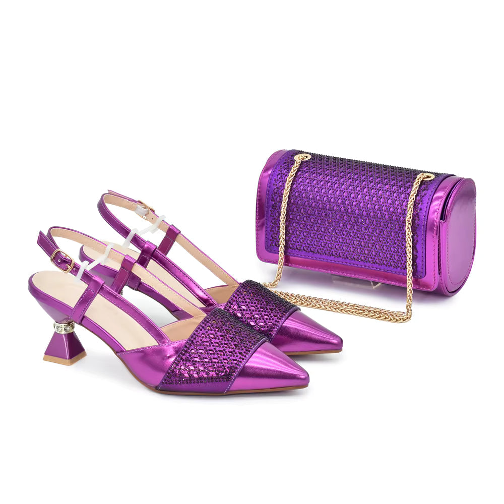 Shoes and Bags Set with Rhinestone Elegant Heeled Pumps Mssza