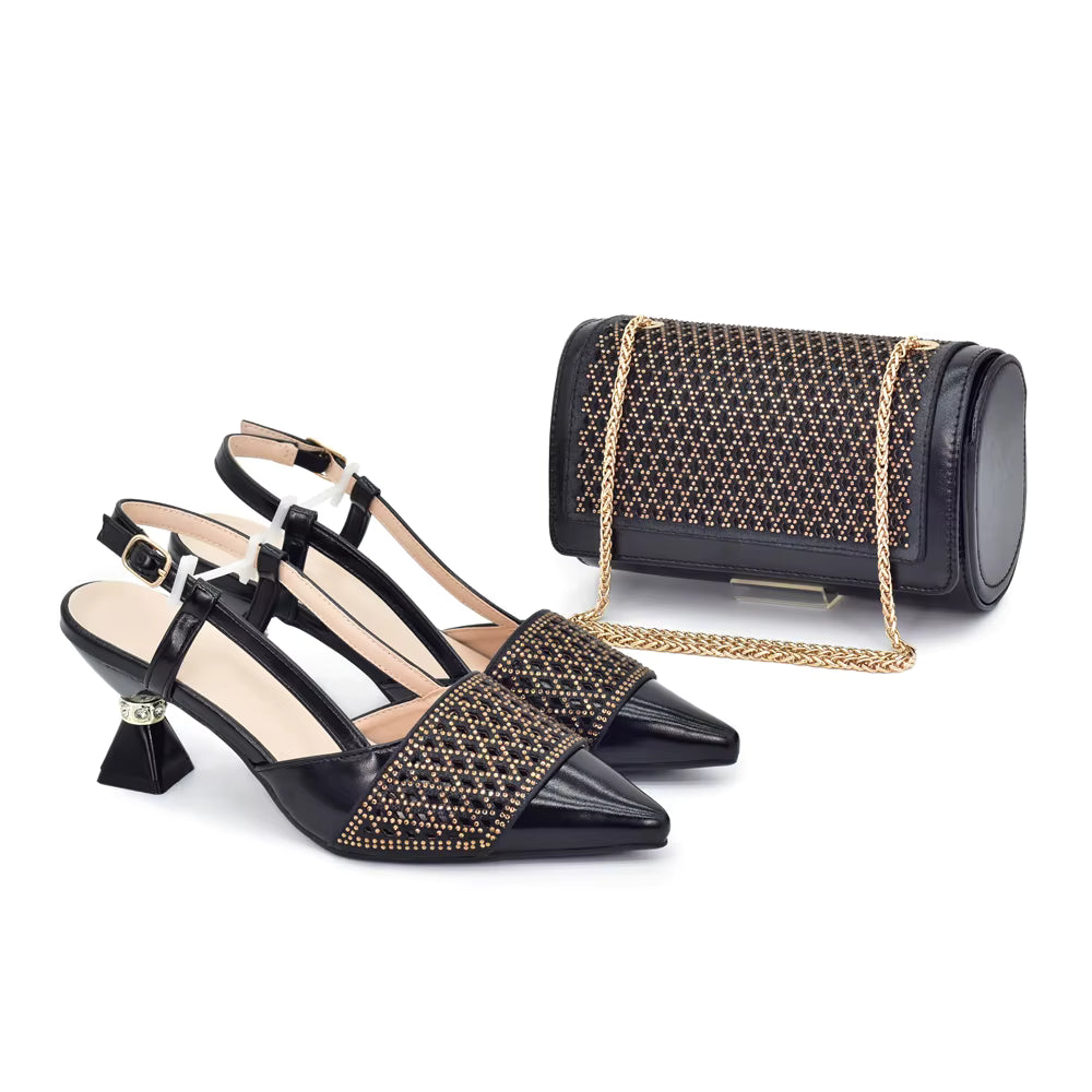 Shoes and Bags Set with Rhinestone Elegant Heeled Pumps Mssza