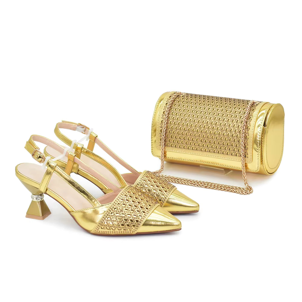 Shoes and Bags Set with Rhinestone Elegant Heeled Pumps Mssza