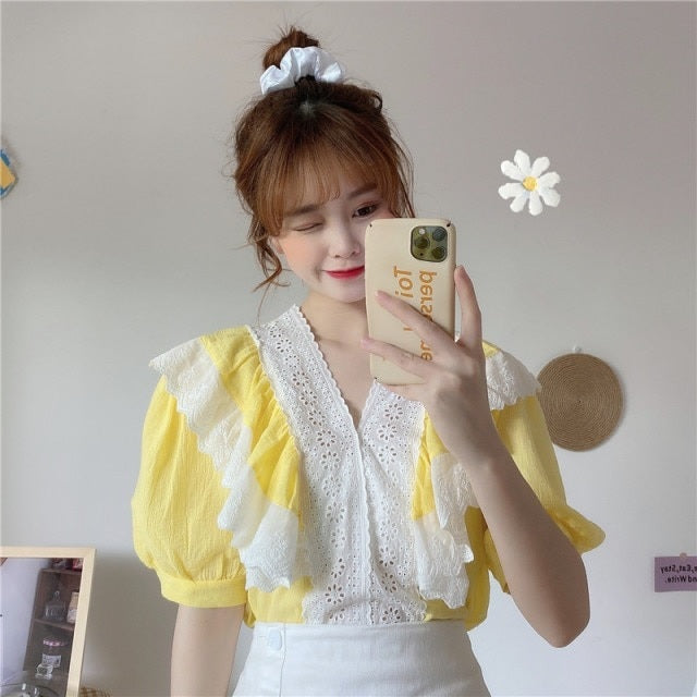Short Puff Sleeve Lace Patchwork Blouse Mssza