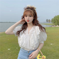 Short Puff Sleeve Lace Patchwork Blouse Mssza
