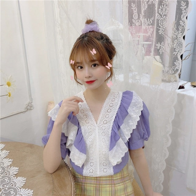 Short Puff Sleeve Lace Patchwork Blouse Mssza