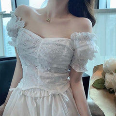 Short Puff Sleeve Square Collar Cropped Blouse Mssza