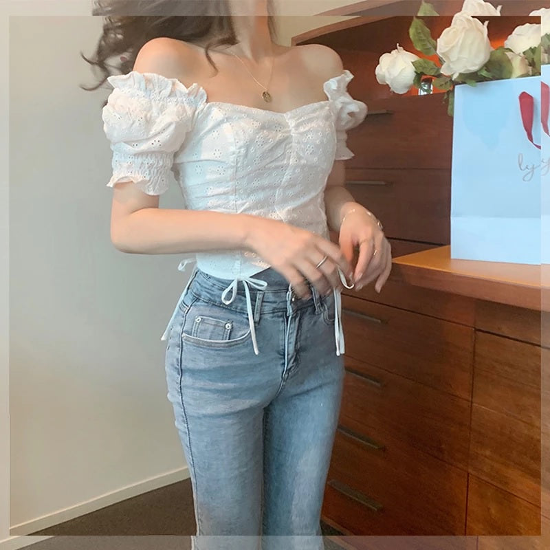 Short Puff Sleeve Square Collar Cropped Blouse Mssza