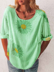Short Sleeve Cotton Floral Print Jewel Neck Tee Shirt Mssza