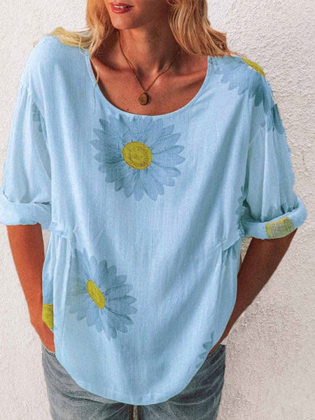 Short Sleeve Cotton Floral Print Jewel Neck Tee Shirt Mssza