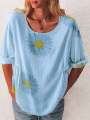 Short Sleeve Cotton Floral Print Jewel Neck Tee Shirt Mssza