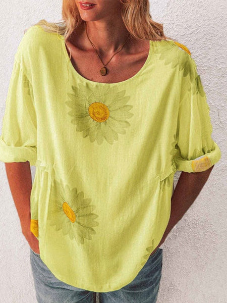 Short Sleeve Cotton Floral Print Jewel Neck Tee Shirt Mssza