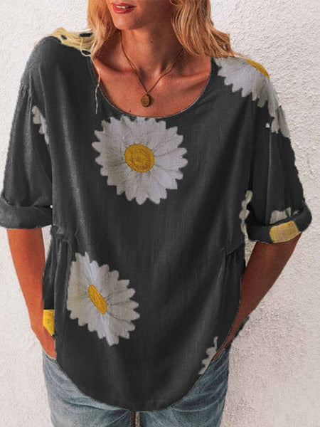 Short Sleeve Cotton Floral Print Jewel Neck Tee Shirt Mssza