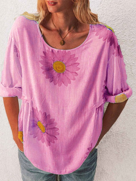 Short Sleeve Cotton Floral Print Jewel Neck Tee Shirt Mssza