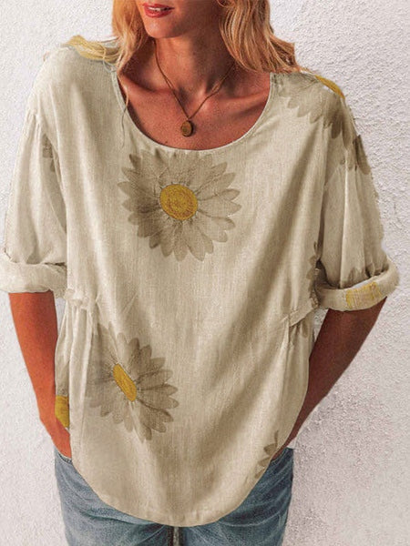 Short Sleeve Cotton Floral Print Jewel Neck Tee Shirt Mssza