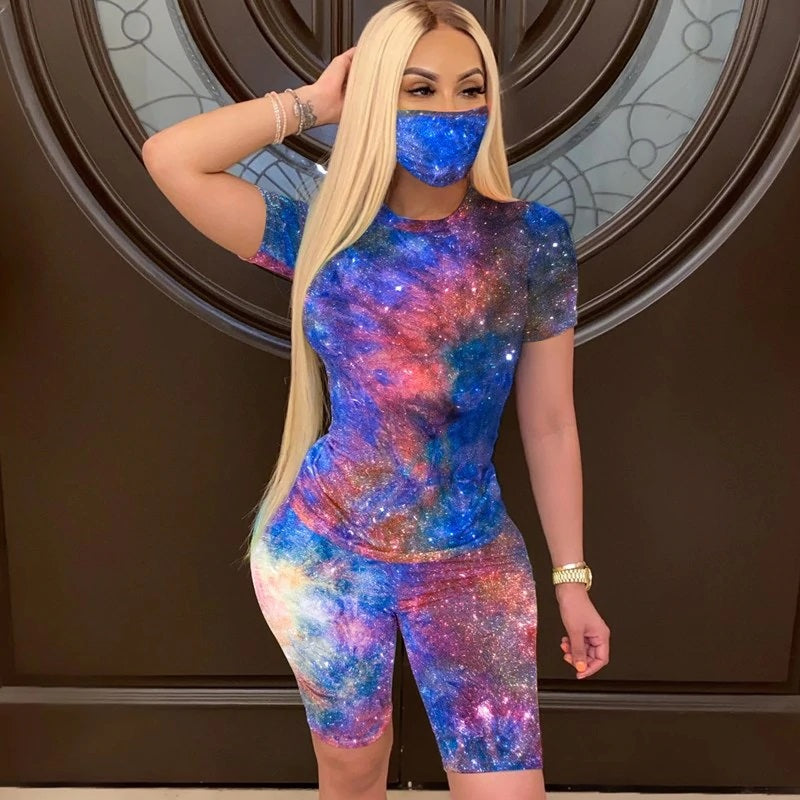 Short Sleeve Printed  T-shirt Shorts Masks Suit Three Pieces Sporty Tracksuits Mssza
