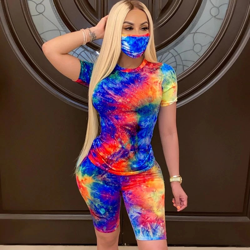 Short Sleeve Printed  T-shirt Shorts Masks Suit Three Pieces Sporty Tracksuits Mssza