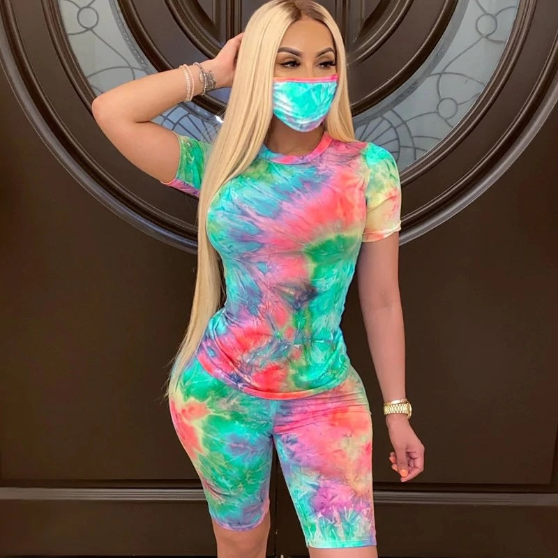 Short Sleeve Printed  T-shirt Shorts Masks Suit Three Pieces Sporty Tracksuits Mssza