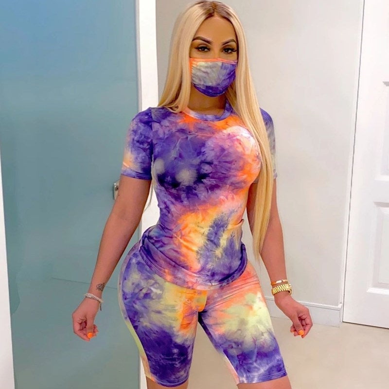 Short Sleeve Printed  T-shirt Shorts Masks Suit Three Pieces Sporty Tracksuits Mssza
