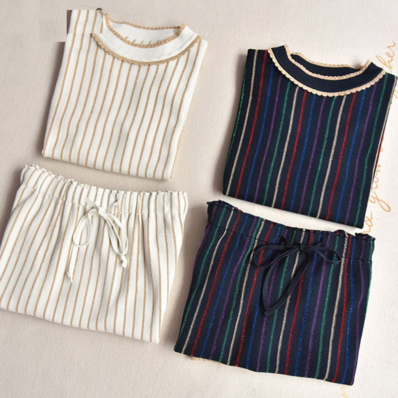 Short Sleeve Top + Line Stripe Knitting Skirt Suit Mssza