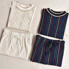 Short Sleeve Top + Line Stripe Knitting Skirt Suit Mssza