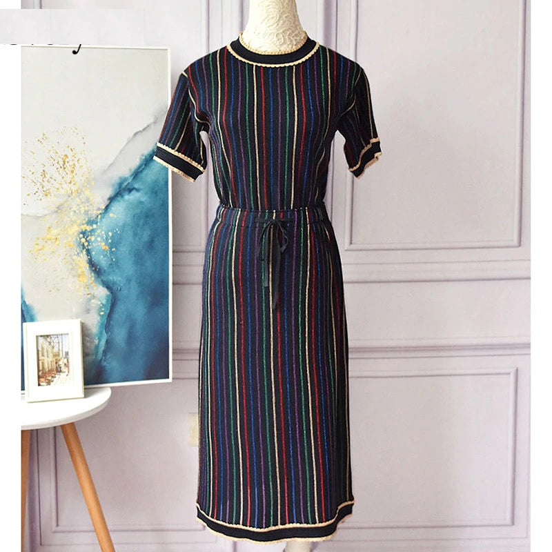 Short Sleeve Top + Line Stripe Knitting Skirt Suit Mssza