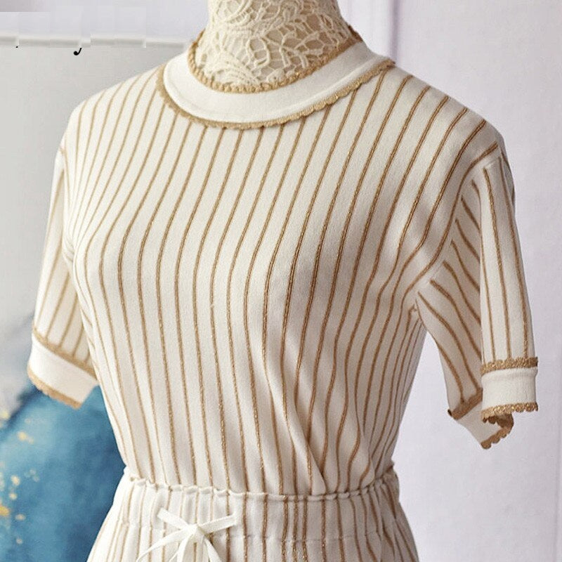 Short Sleeve Top + Line Stripe Knitting Skirt Suit Mssza