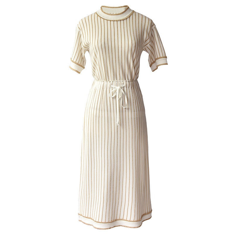 Short Sleeve Top + Line Stripe Knitting Skirt Suit Mssza