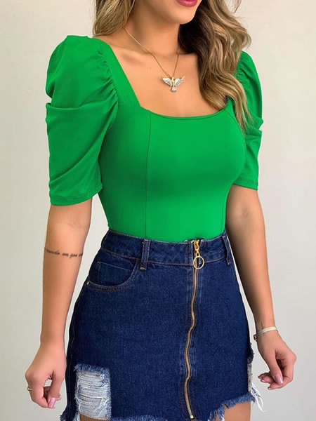 Short Sleeves Tees Rose Cotton Blend Square Neck Tee Mssza