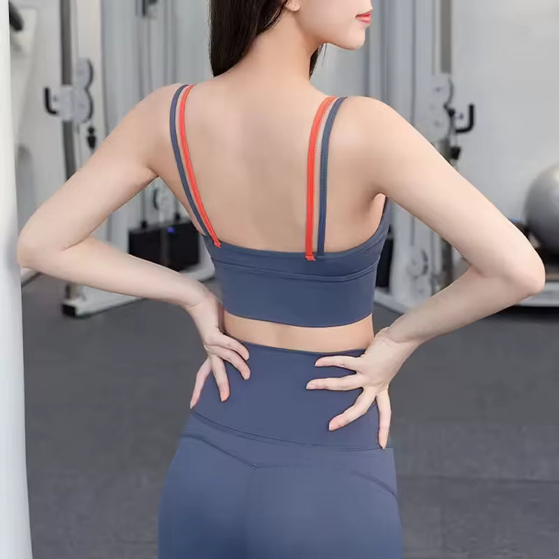 Shoulder Straps With Color Blocking Design Camisole Yoga Fitness Bra Mssza