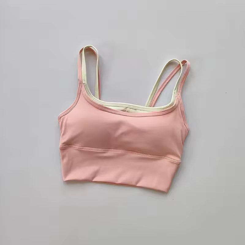 Shoulder Straps With Color Blocking Design Camisole Yoga Fitness Bra Mssza