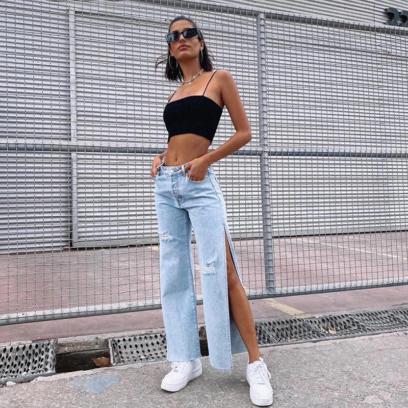 Side Split Hip Hop Ripped Cut Out Cargo Denim Jeans Mssza
