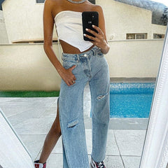 Side Split Hip Hop Ripped Cut Out Cargo Denim Jeans Mssza