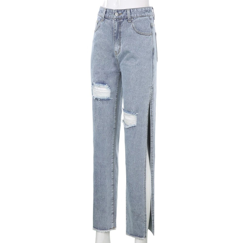 Side Split Hip Hop Ripped Cut Out Cargo Denim Jeans Mssza