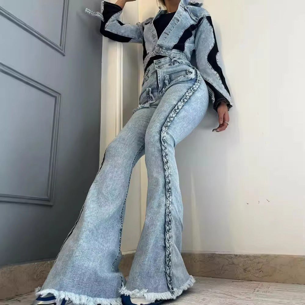 Casual Side Twist Decoration Stretch High Waist Bottoms Streetwear Denim Flared Pants Mssza
