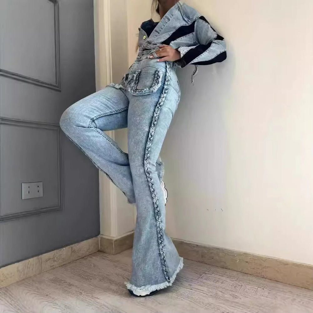 Casual Side Twist Decoration Stretch High Waist Bottoms Streetwear Denim Flared Pants Mssza