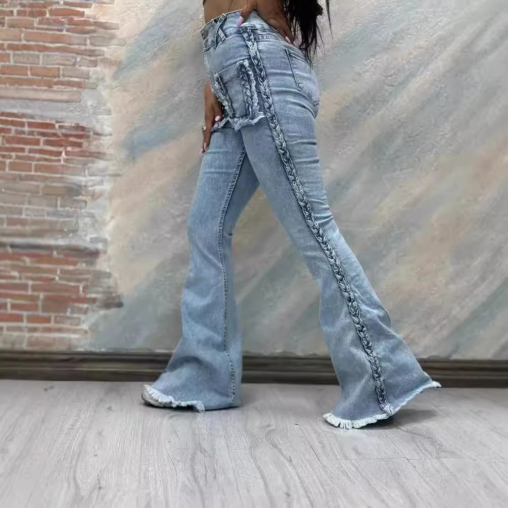 Casual Side Twist Decoration Stretch High Waist Bottoms Streetwear Denim Flared Pants Mssza