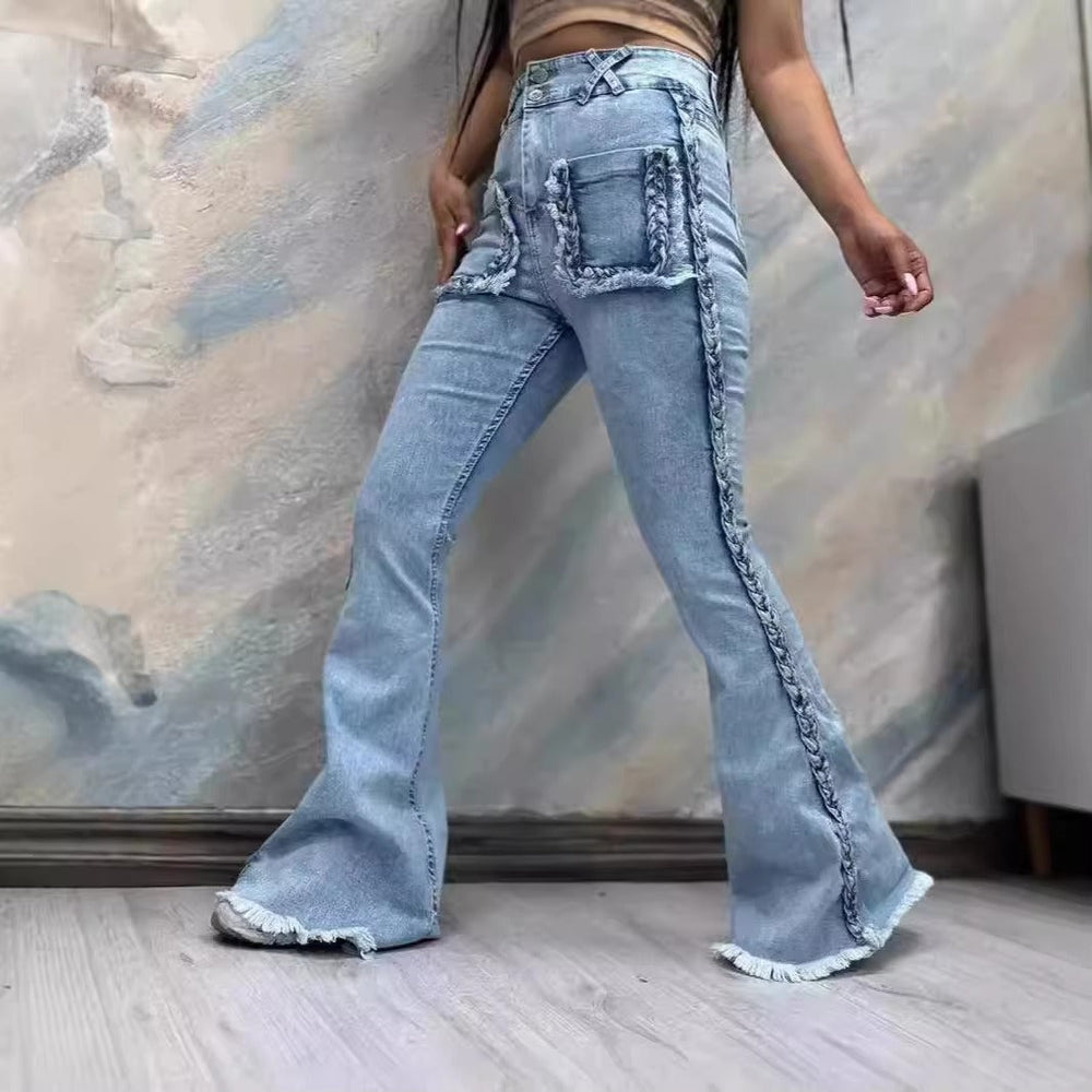 Casual Side Twist Decoration Stretch High Waist Bottoms Streetwear Denim Flared Pants Mssza