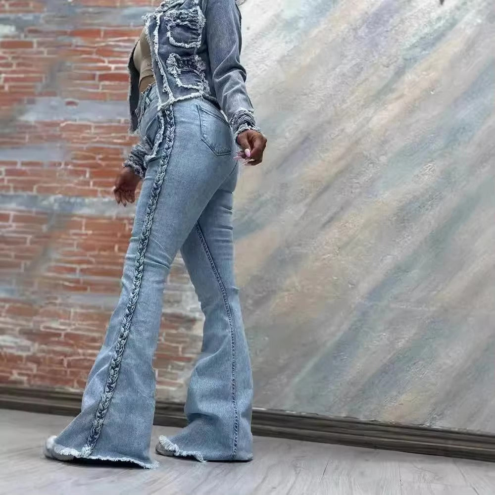 Casual Side Twist Decoration Stretch High Waist Bottoms Streetwear Denim Flared Pants Mssza