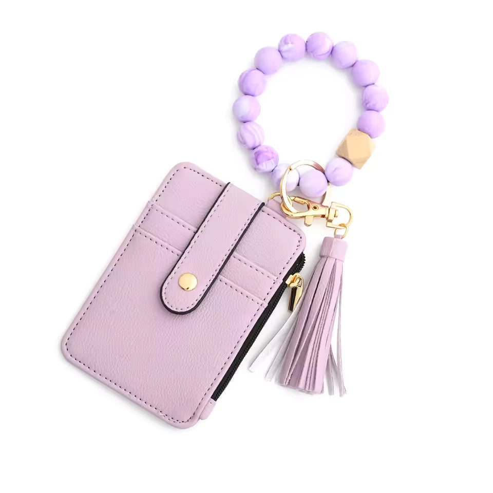Silicone Bead Pu Leather Key Chain id Credit Card Holder Wallet Mssza