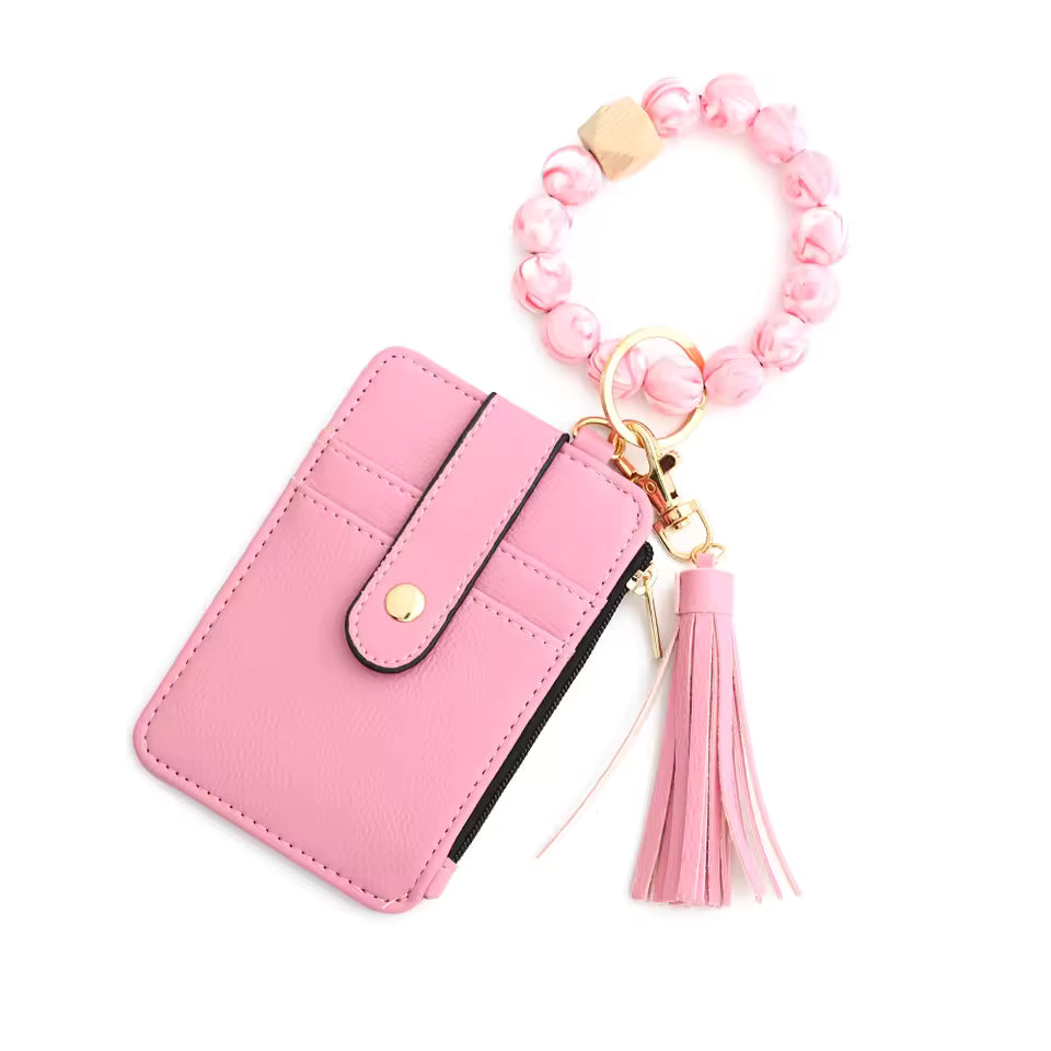 Silicone Bead Pu Leather Key Chain id Credit Card Holder Wallet Mssza