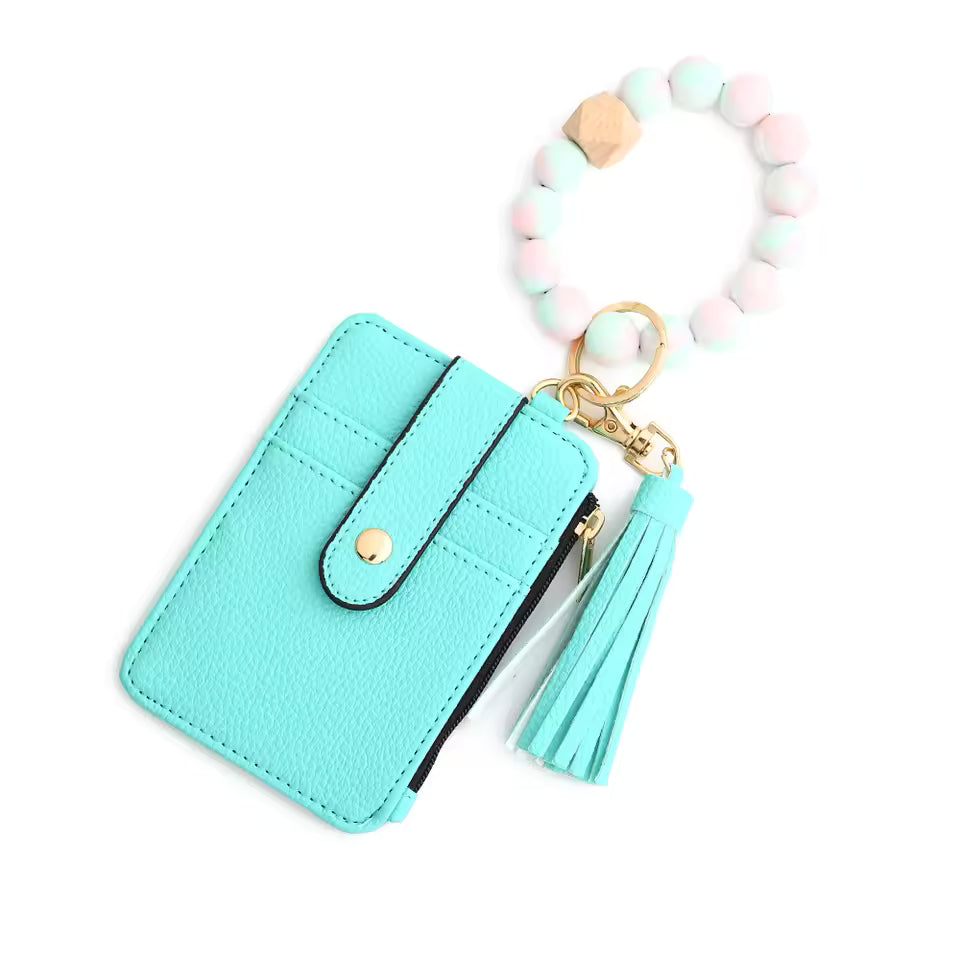 Silicone Bead Pu Leather Key Chain id Credit Card Holder Wallet Mssza