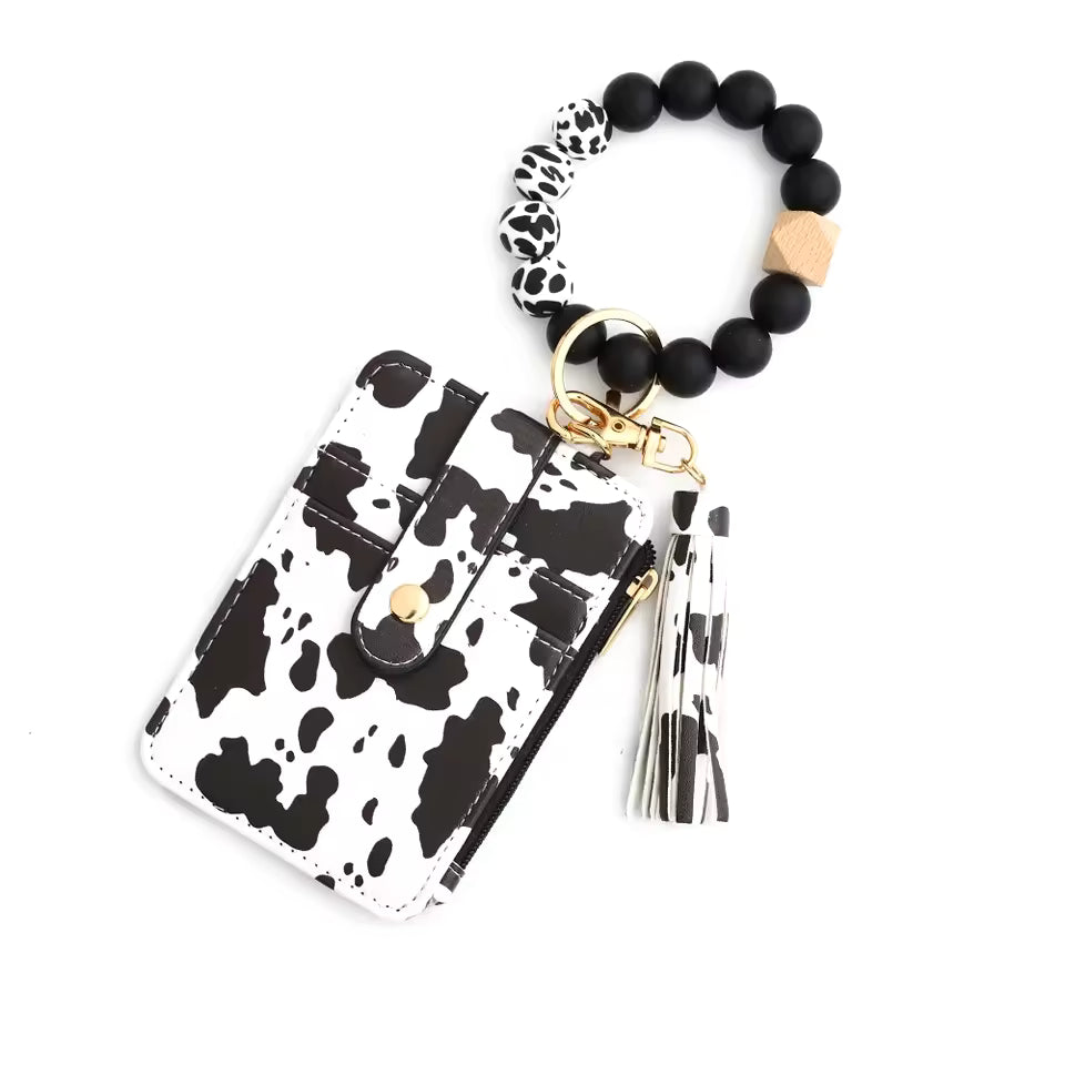 Leopard Print Silicone Bead Key Chain id Credit Card Holder Clutch Wallet Mssza