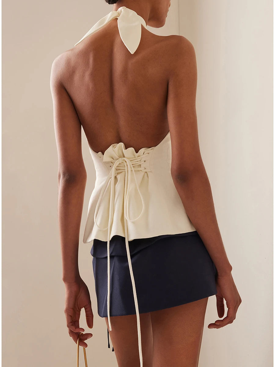 Silky Halter Neck Slim Fit Backless Crisscross Wrap Tank Top Sleeveless Mssza