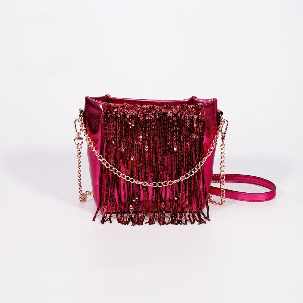 Silver Glitter Pu Leather Tassels Clutch Bag With Chain Trendy Luxury Bling Crossbody Shoulder Handbags And Purse Mini Bags Mssza