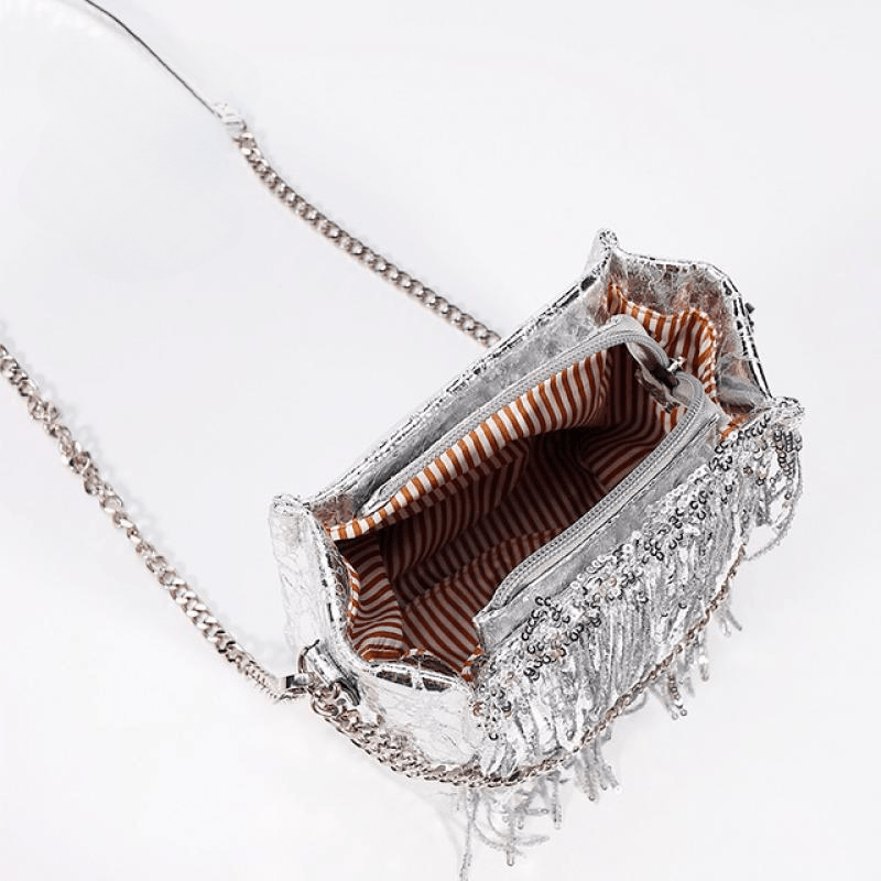 Silver Glitter Pu Leather Tassels Clutch Bag With Chain Trendy Luxury Bling Crossbody Shoulder Handbags And Purse Mini Bags Mssza