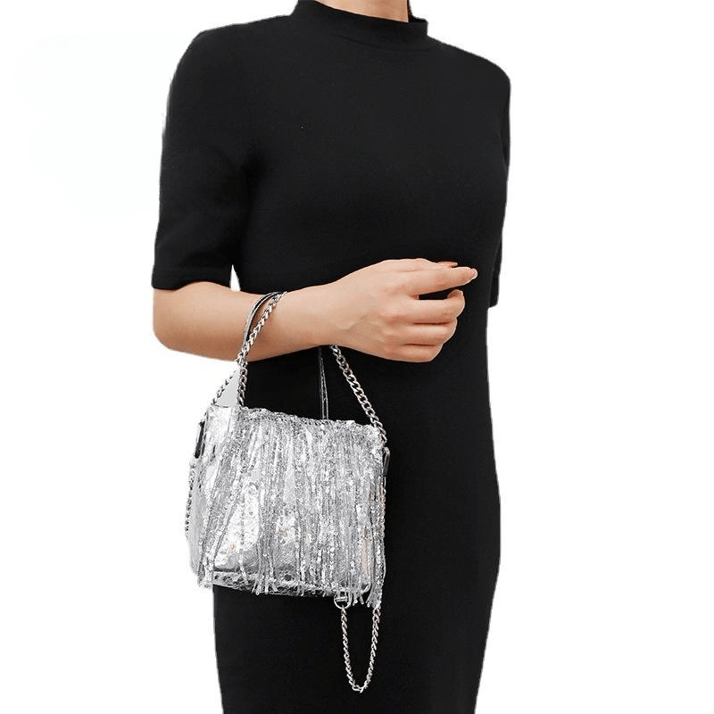 Silver Glitter Pu Leather Tassels Clutch Bag With Chain Trendy Luxury Bling Crossbody Shoulder Handbags And Purse Mini Bags Mssza