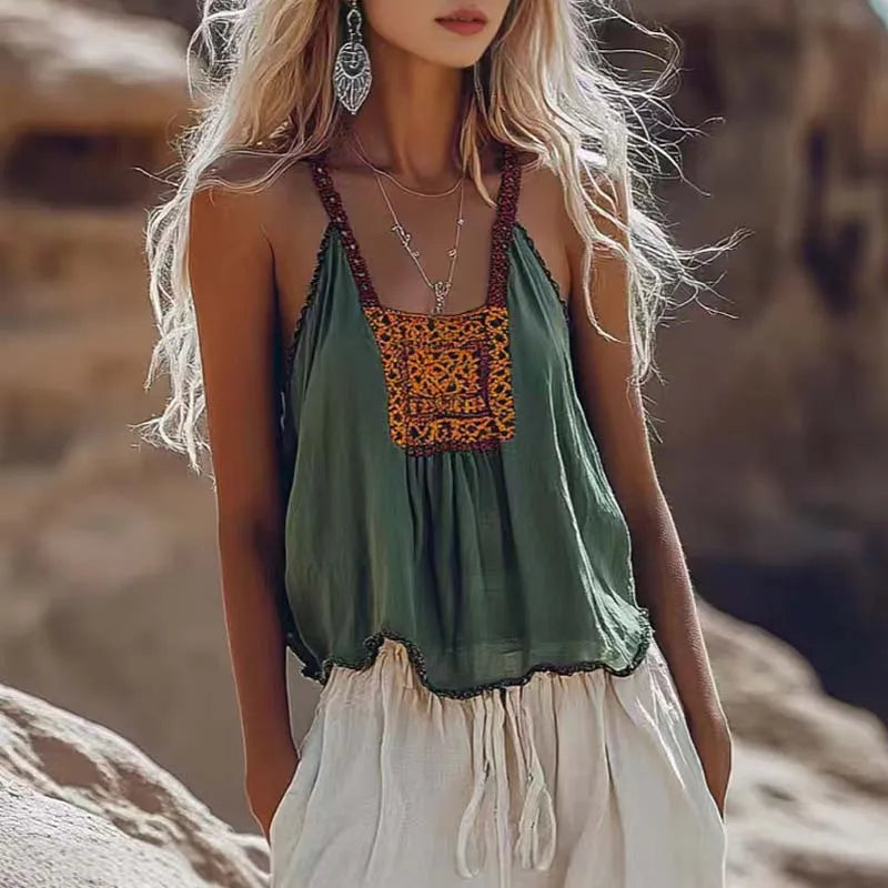 Simple Casual Ethnic Retro Suspenders Printed Lace Pullover Camisole Cotton linen Shirt Top Mssza