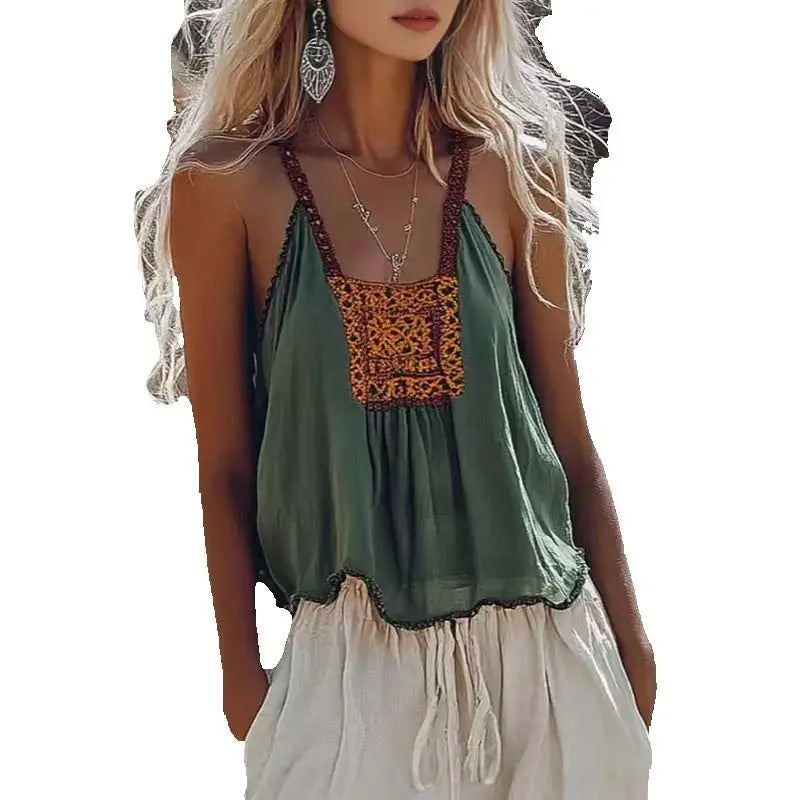 Simple Casual Ethnic Retro Suspenders Printed Lace Pullover Camisole Cotton linen Shirt Top Mssza