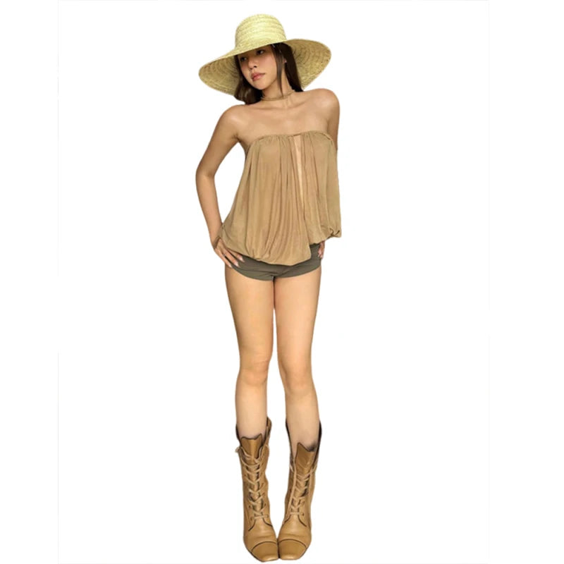Simple Classic Solid Slim Beach Party Vacation Street Clubwear Tees Split Tube Tops Mssza