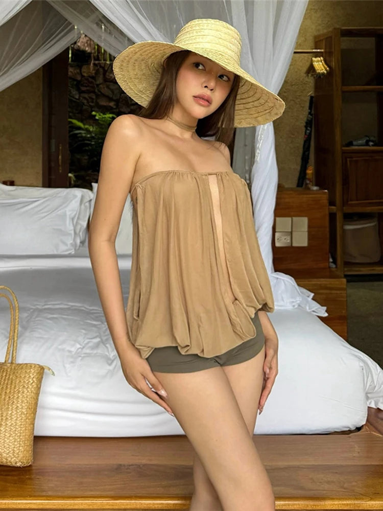 Simple Classic Solid Slim Beach Party Vacation Street Clubwear Tees Split Tube Tops Mssza